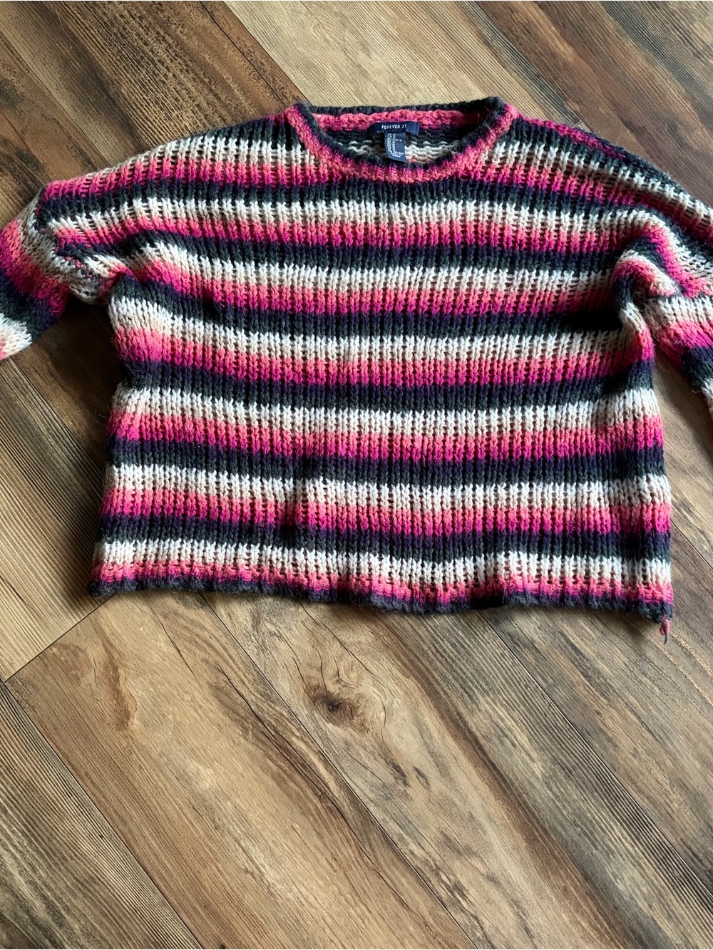 Forever 21 Cropped Striped Crewneck Sweater in Pink, Black & Cream